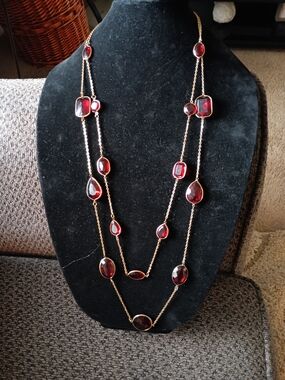 Gold-Tone Long Necklace with Deep Red Faceted Stones